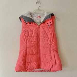 Hollister Women's Sherpa Lined Pink Quilted Puffer Vest Hooded Zip Y2K Large